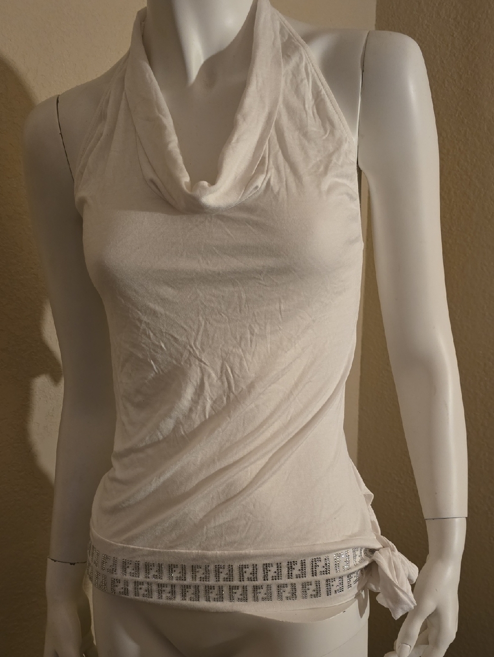 AUTHENTIC FENDI White Cowl Neck Sleeveless Top with Embellished Signiture Logo